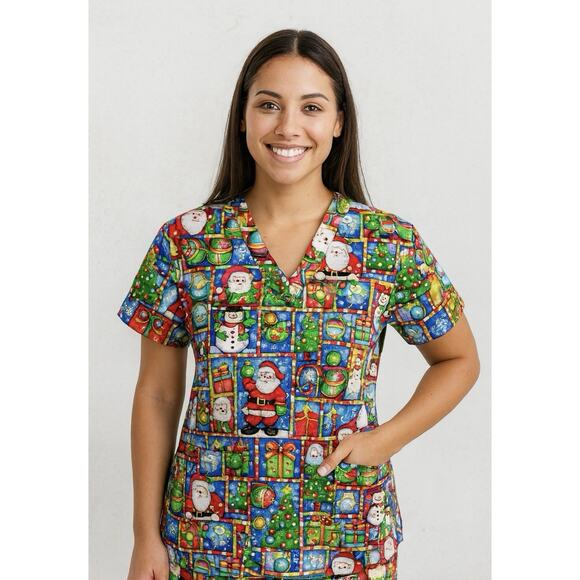 Uniform City Christmas Print V-Neck Scrub Top Small Holiday Comfy Cotton EUC - Picture 1 of 8